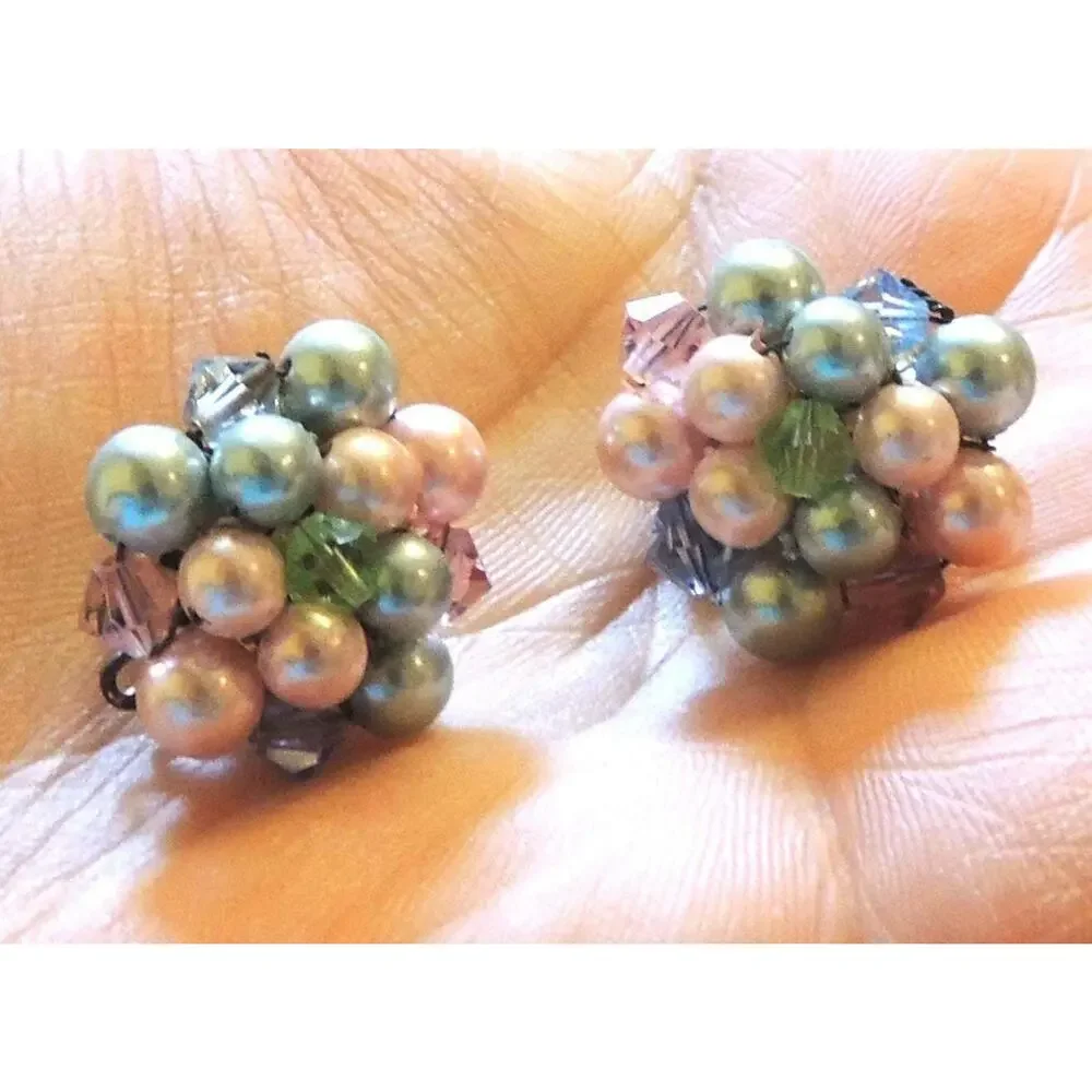 Vintage Beaded Japan Cluster Clip On Earrings Pink Blue Green Mid Century bcl-25